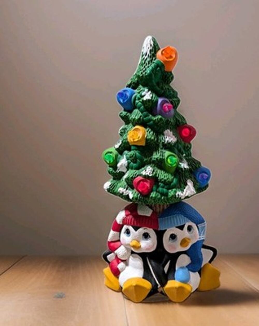 Vintage Lighted Ceramic Christmas Tree Penguins Tabletop Decor 15" Dimmable 1970
